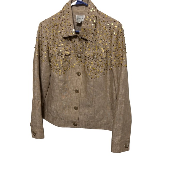 Just B Berek Western Formal Jacket Tan Size L 100% Linen Gold Sequins Beading - Picture 2 of 12